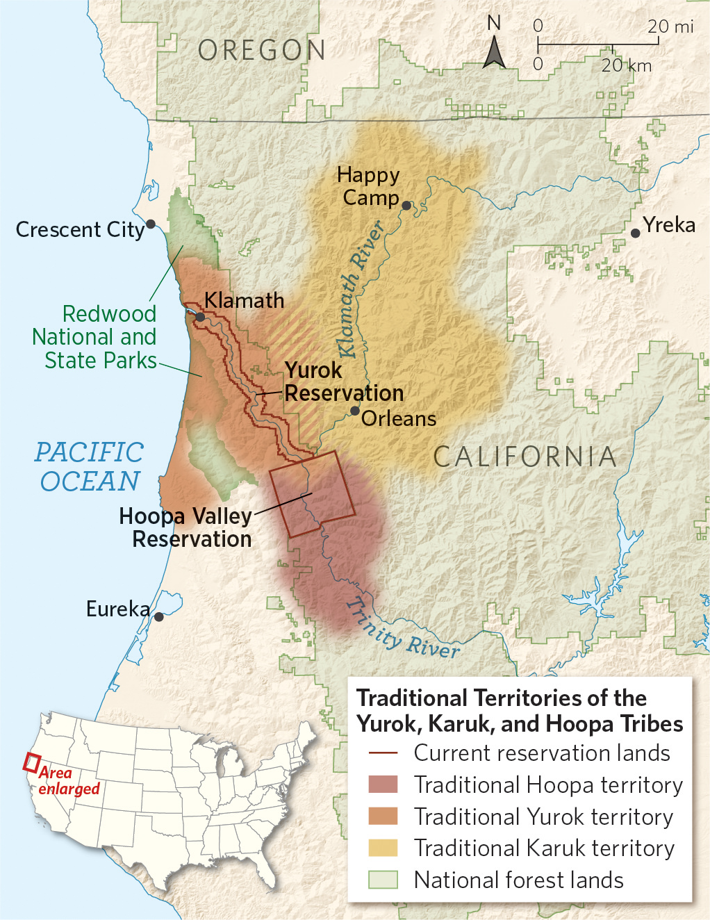 A map of Northern California showing the traditional lands of the Yurok, Karuk, and Hoopa Tribes.